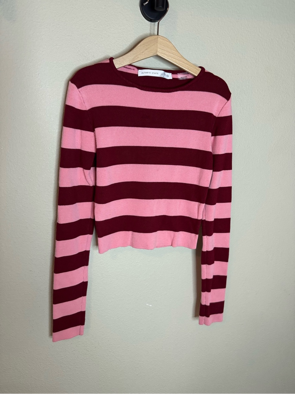 Altar’d State Pink Burgundy Striped Cropped Knit Sweater XXS Coquette Preppy